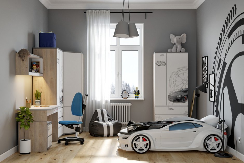 Рабочая зона у окна в детской для двоих