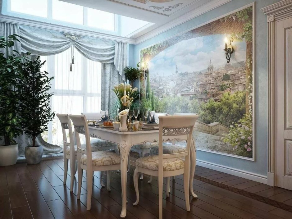 Обои в интерьере классической кухни