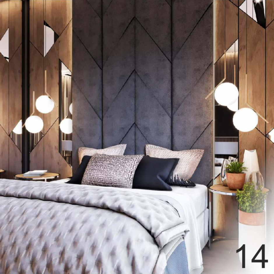 Мягкое изголовье на стене за кроватью