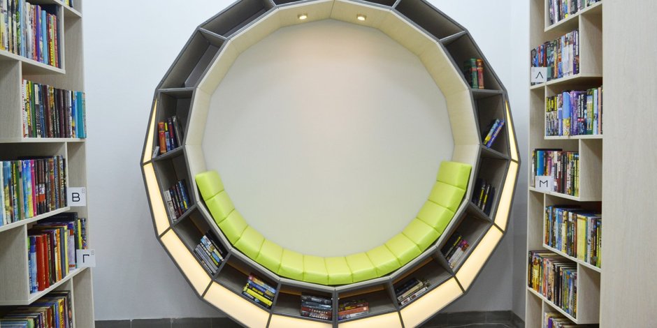 Книжные стеллажи вокруг окна