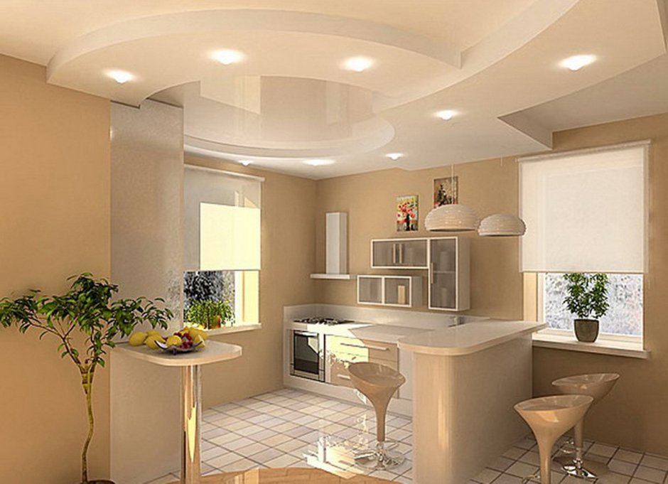 Красивые потолки из гипсокартона на кухне