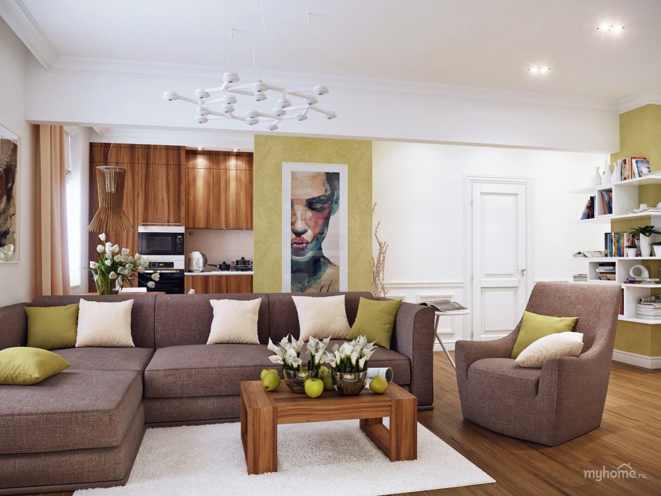 Кофейный диван в интерьере гостиной