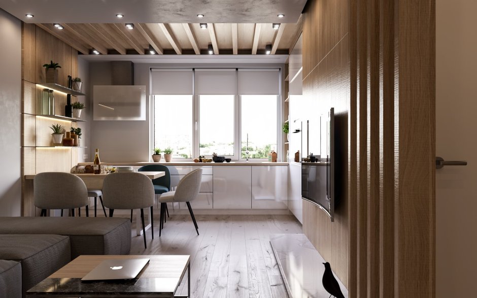 Кухня гостиная с деревянными рейками