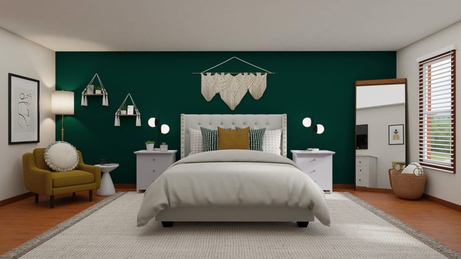 Спальня в изумрудных тонах с белой мебелью с панелями