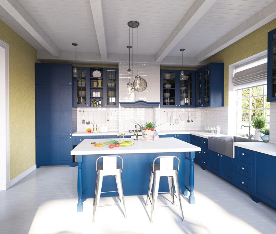 Синяя кухня в частном доме