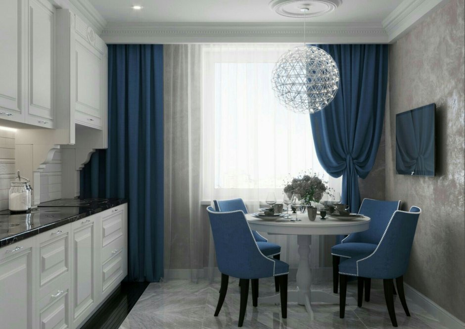 Синие шторы в интерьере кухни
