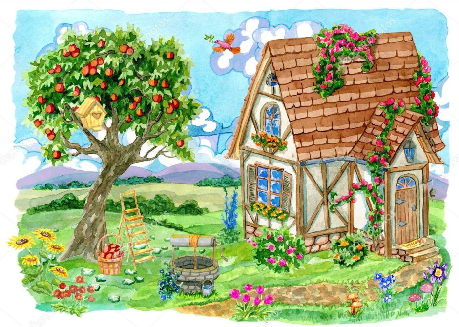 Сад с домиком и яблоней