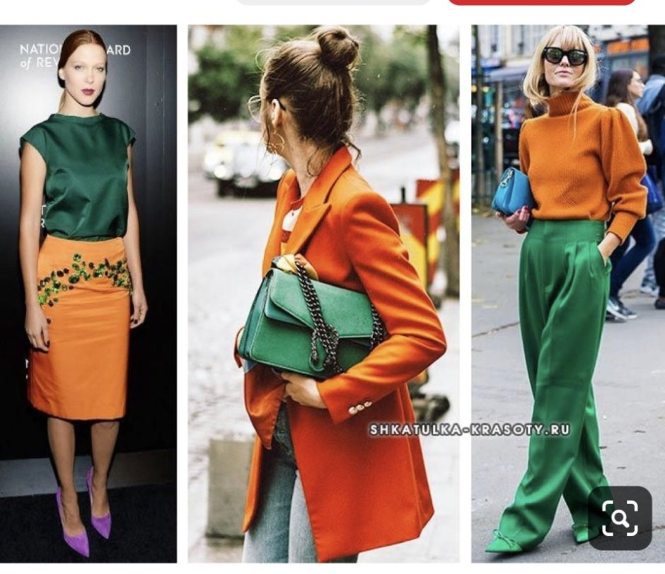 Сочетание зеленого и оранжевого в одежде