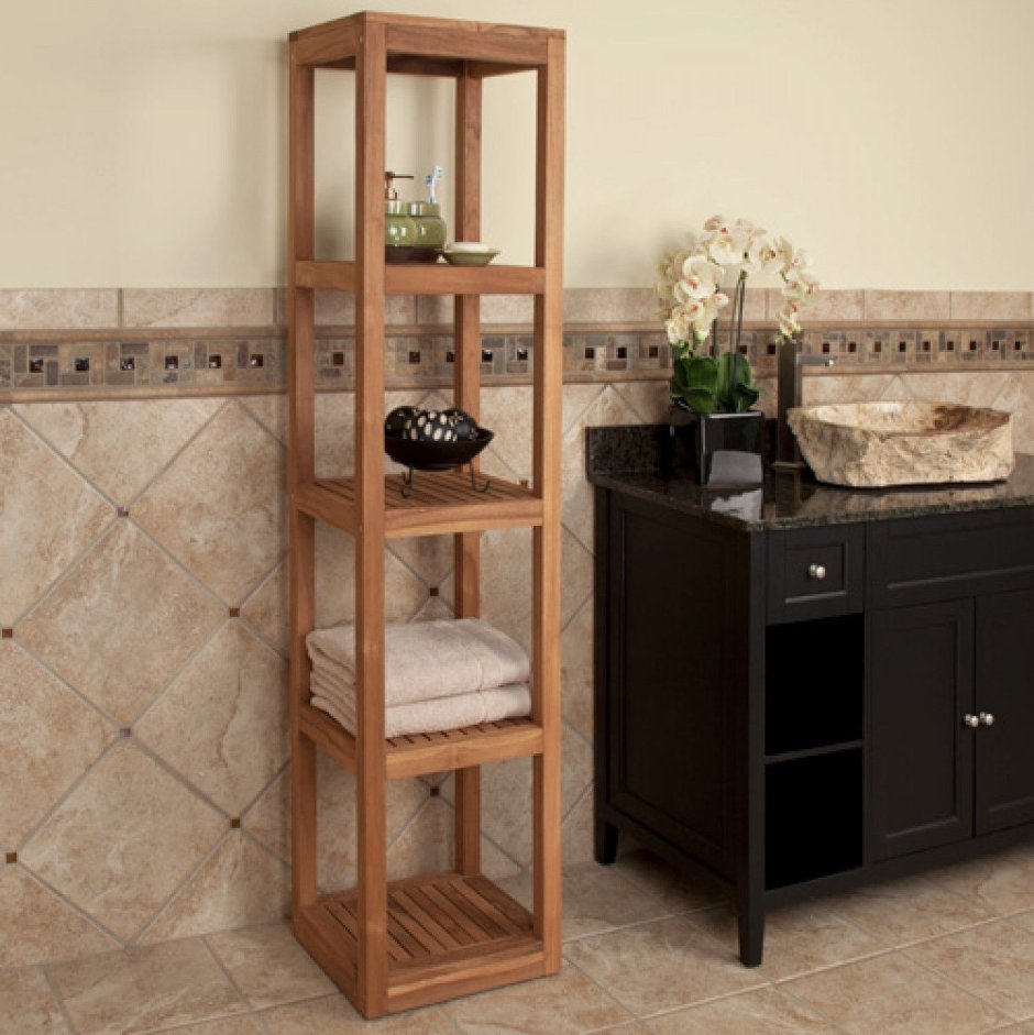 Деревянный стеллаж в ванную комнату