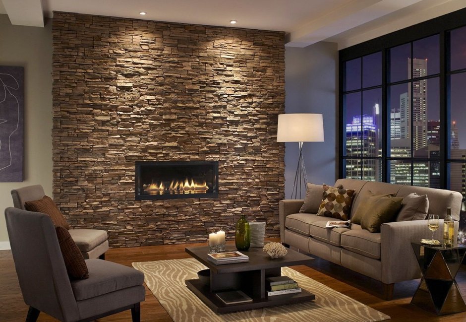 Подсветка стены из декоративного камня