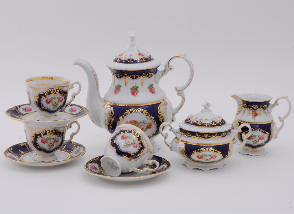 Чайный сервиз Золотая роза кобальт Чехия