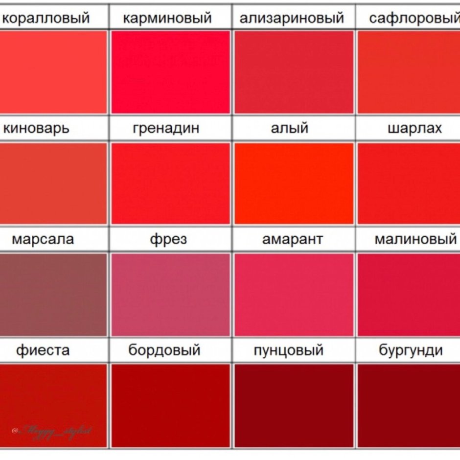 Оттенки красного цвета названия