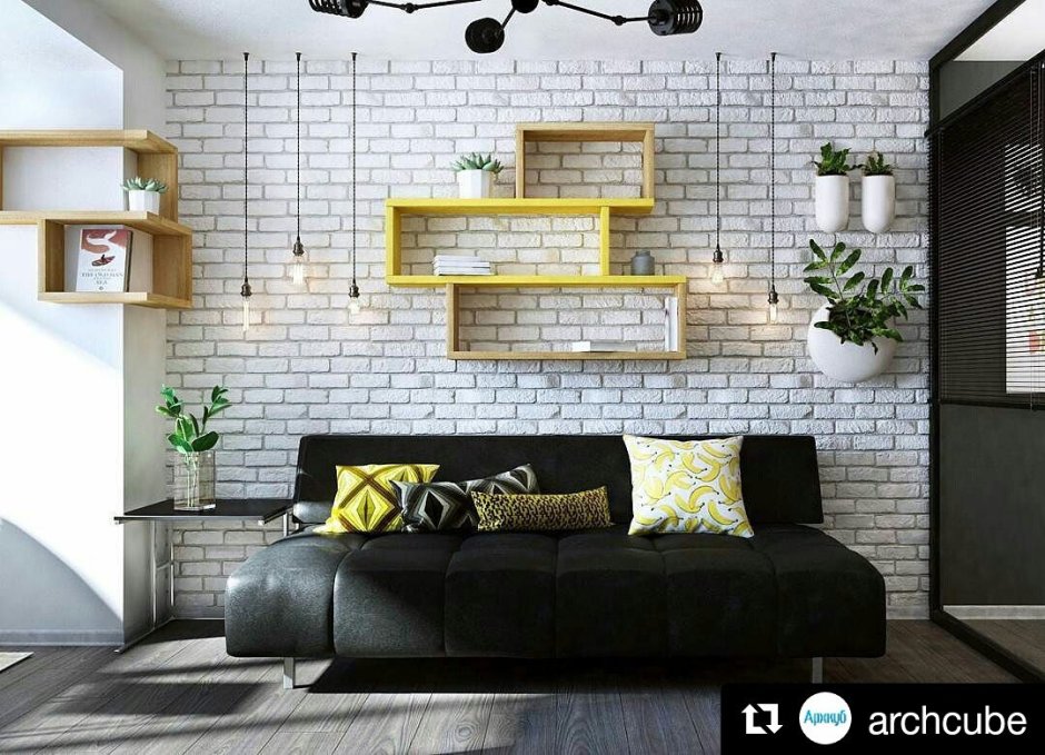 Интересные полки в интерьере на кирпичной стене