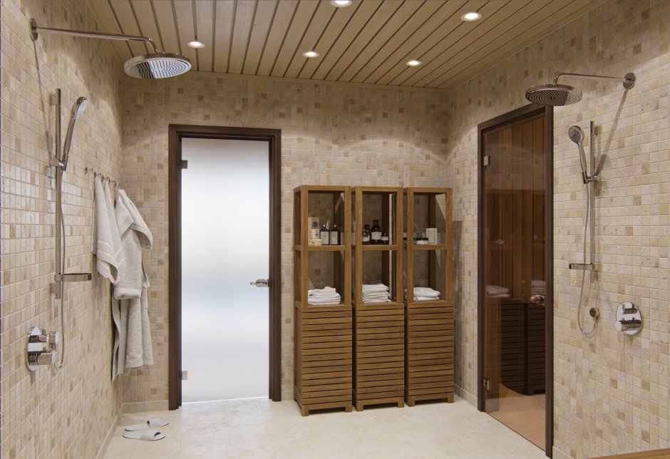 Интерьер душевой в бане