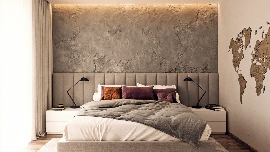 Интерьер с кроватью изогнутой и штукатурка на стенах