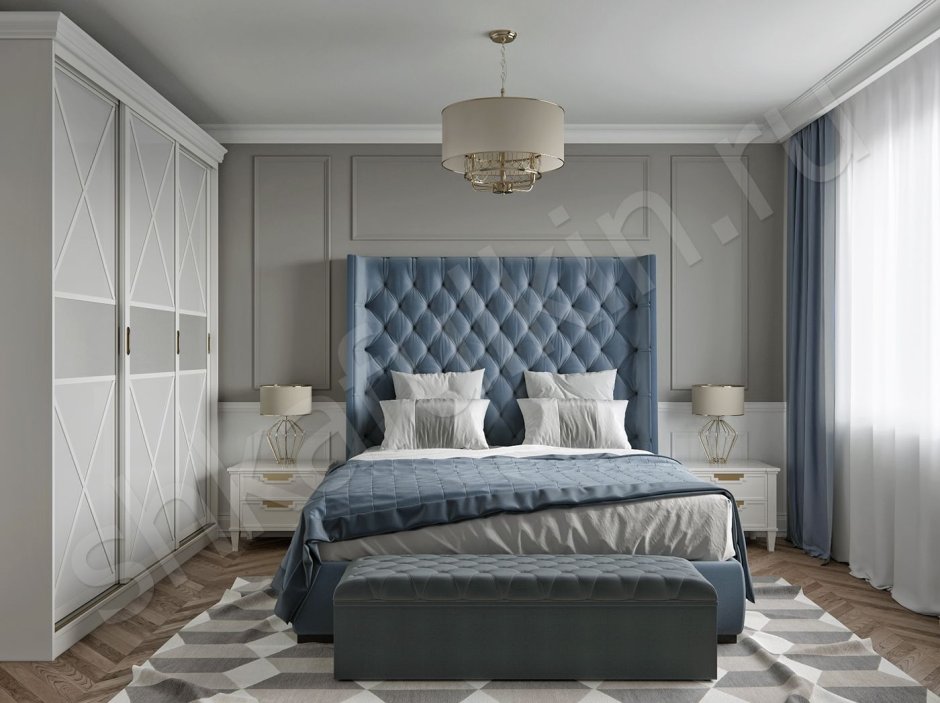 Спальня в серых тонах со шкафом купе