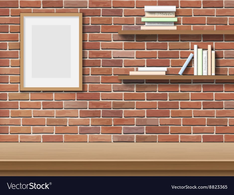 Деревянная полка на фоне кирпичной кладке