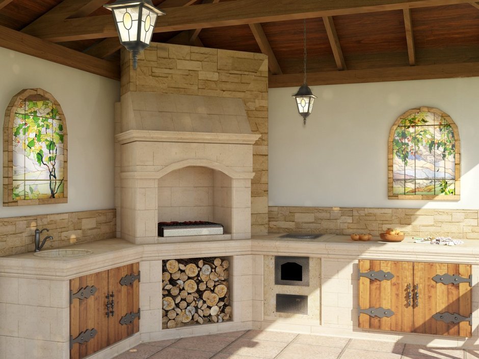 Барбекю из кирпича с навесом