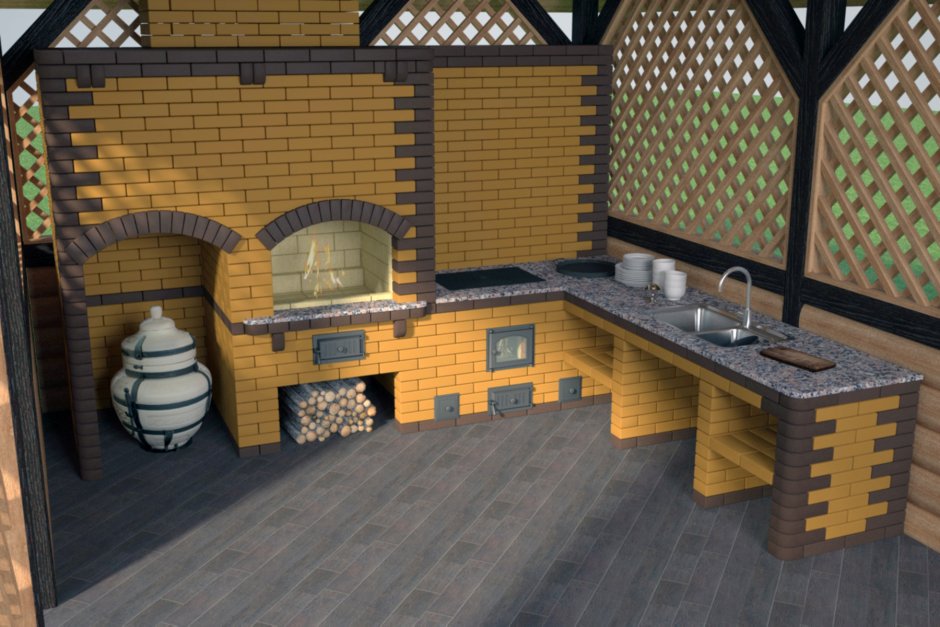 Патио из кирпича на даче