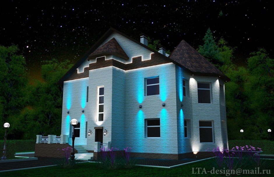 Подсветка фасада стиль Райт снизу
