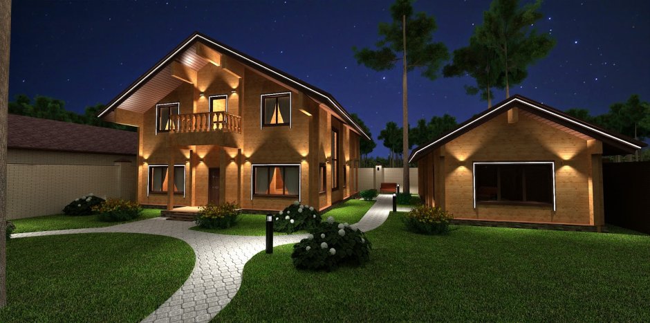 Фасадное освещение дома с мансардой