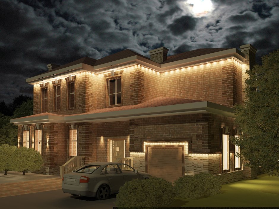 Подсветка фасада стиль Райт снизу