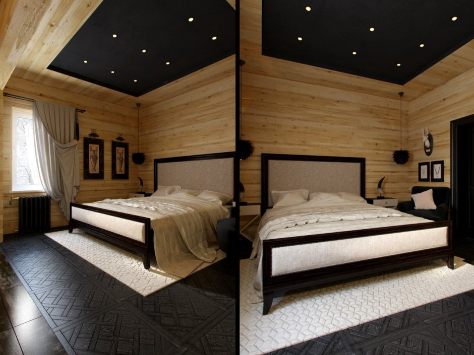 Коричневый деревянный потолок в интерьере