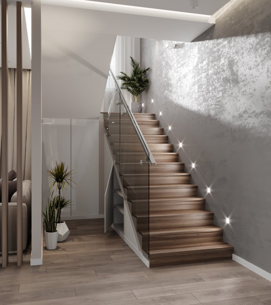 Интерьер коридора в частном доме с лестницей