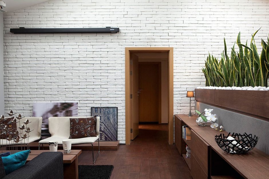 Отделка белым кирпичом в интерьере