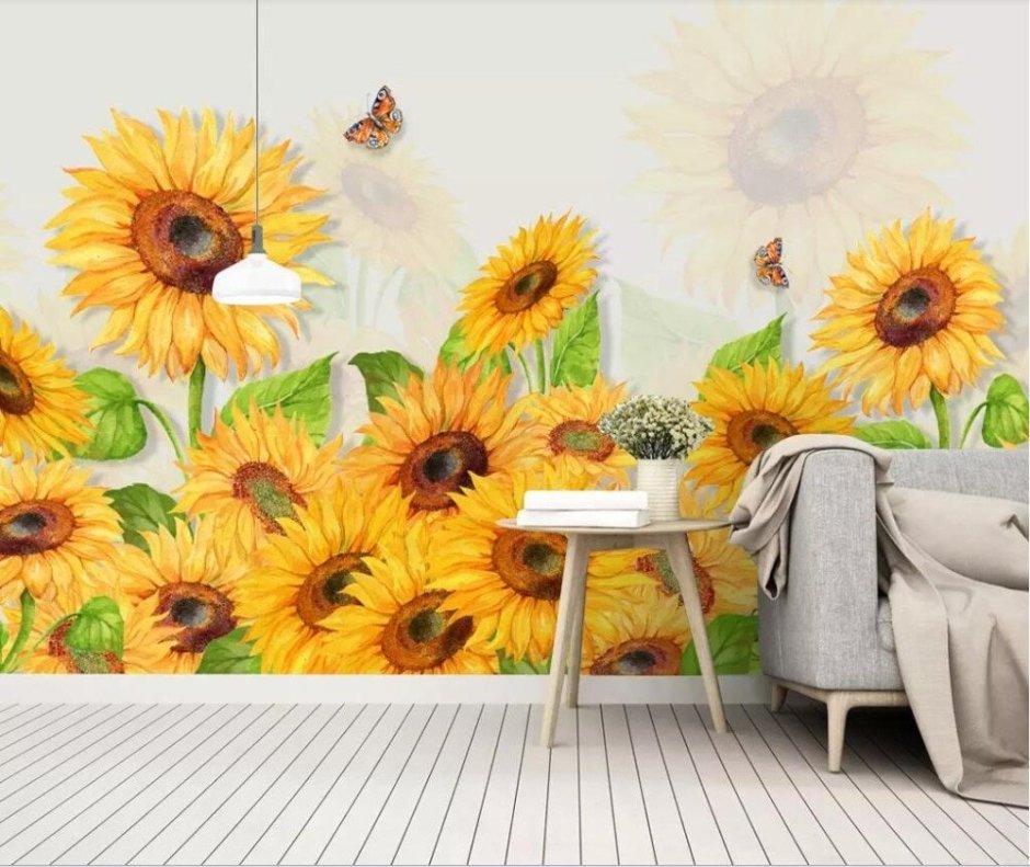 Летний интерьер с искусственными подсолнухами