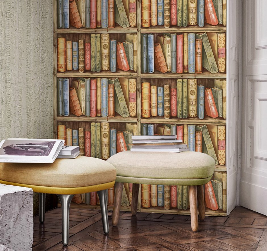 Фотообои книжный шкаф в интерьере