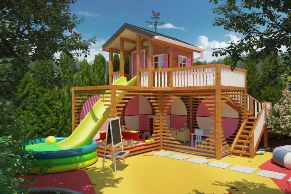 Красивый загородный дом с детской площадкой