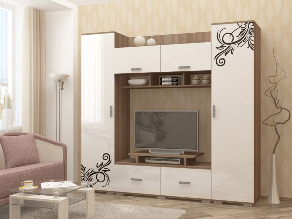 Стенка для гостиной ТРИЯ Вега ТД-196.01 венге линум, белый глянец