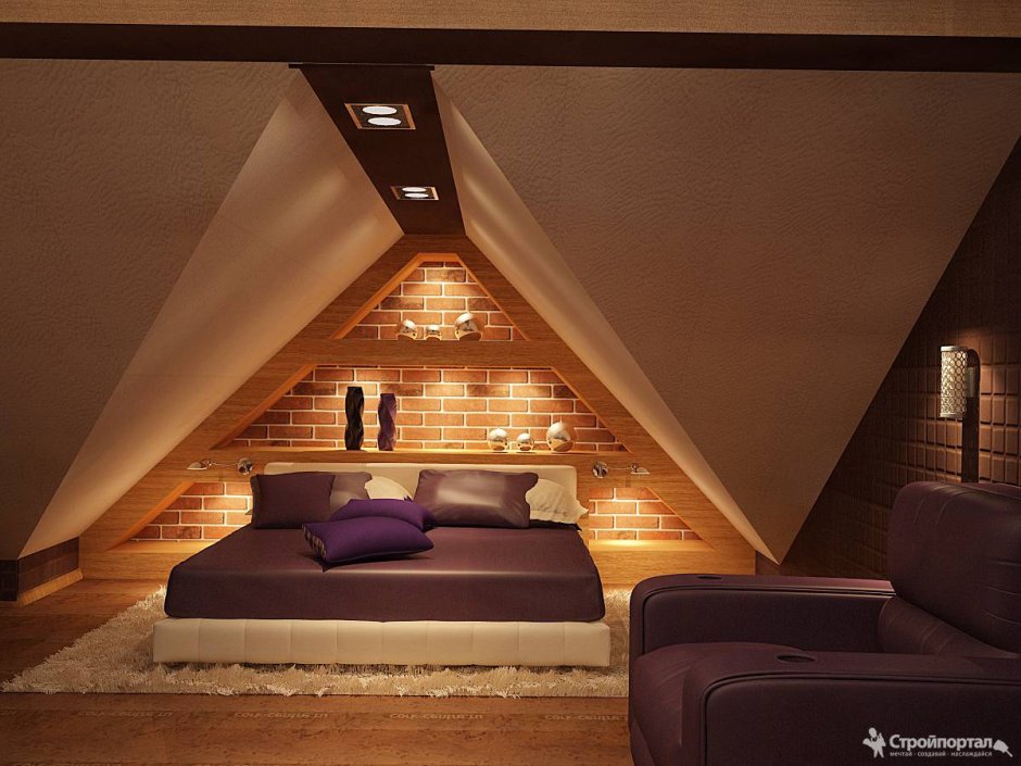 Кровать под мансардной крышей
