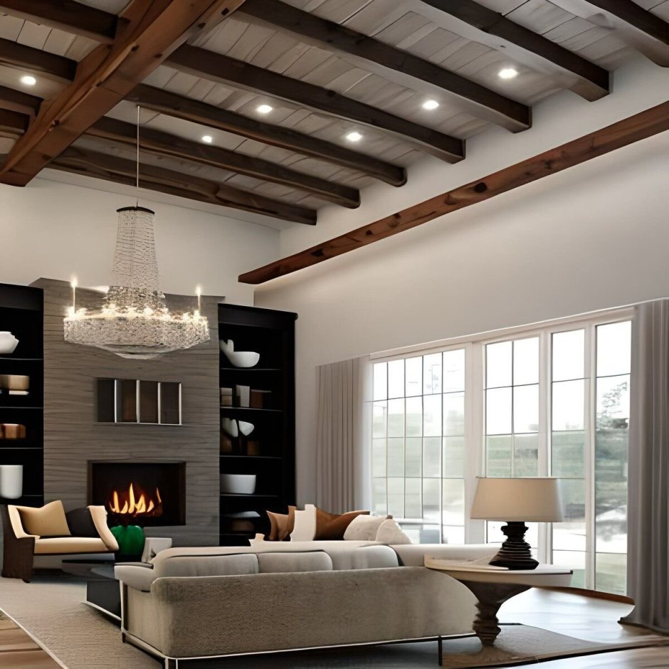 Гостиная с балками на потолке