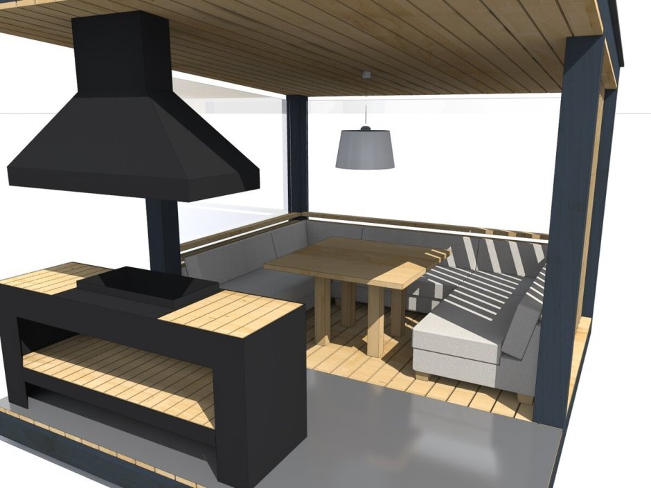 Беседка с односкатной крышей и зоной барбекю