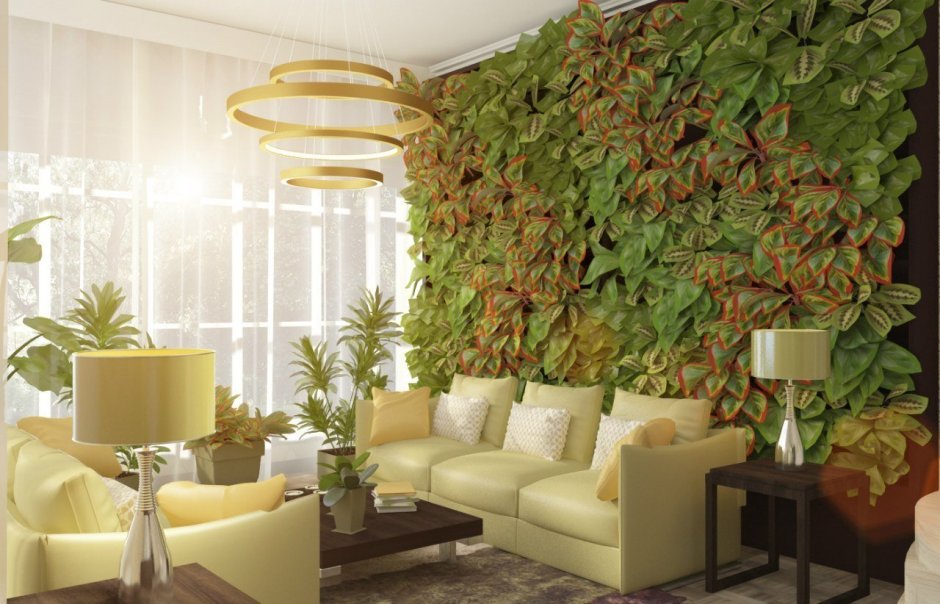 Фитостена в интерьере гостиной