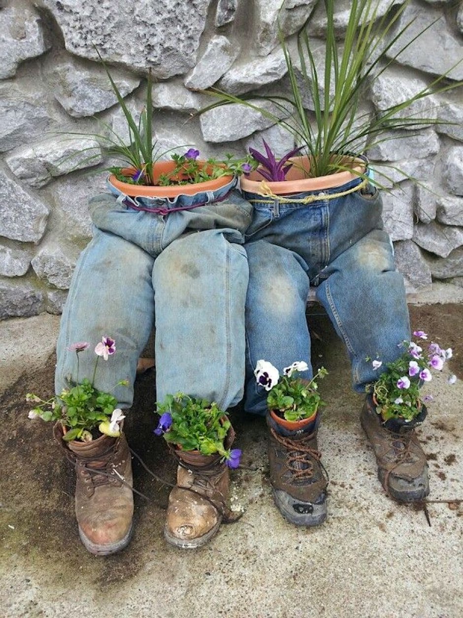 Цветочные горшки из джинсов