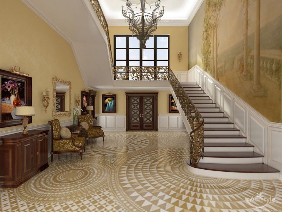 Интерьер холла с лестницей в частном доме