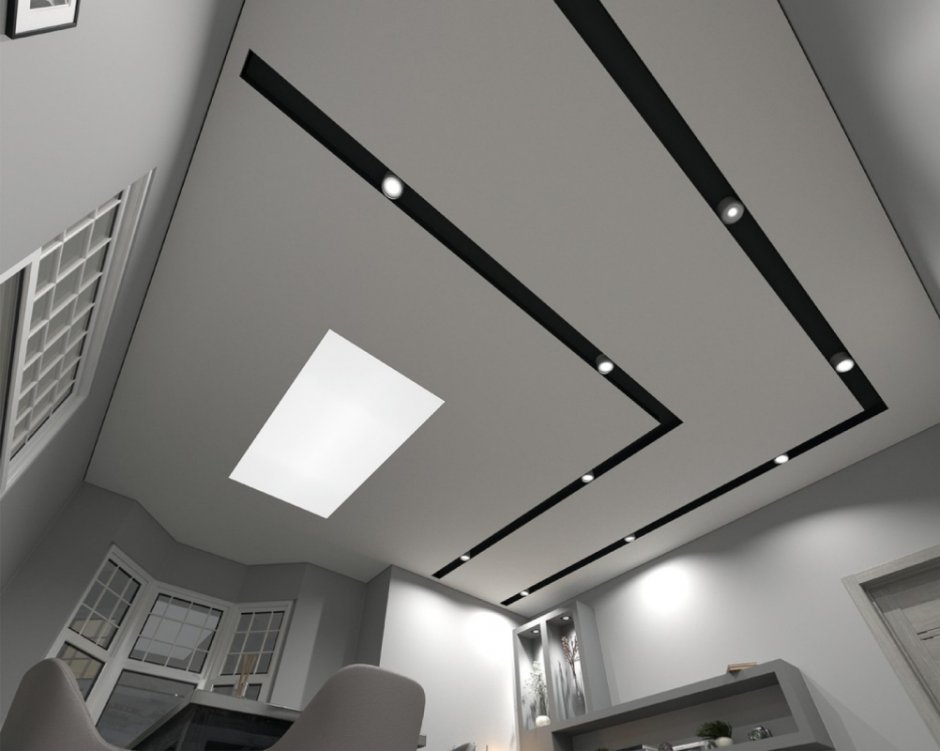 Световые линии в спальне на натяжном потолке