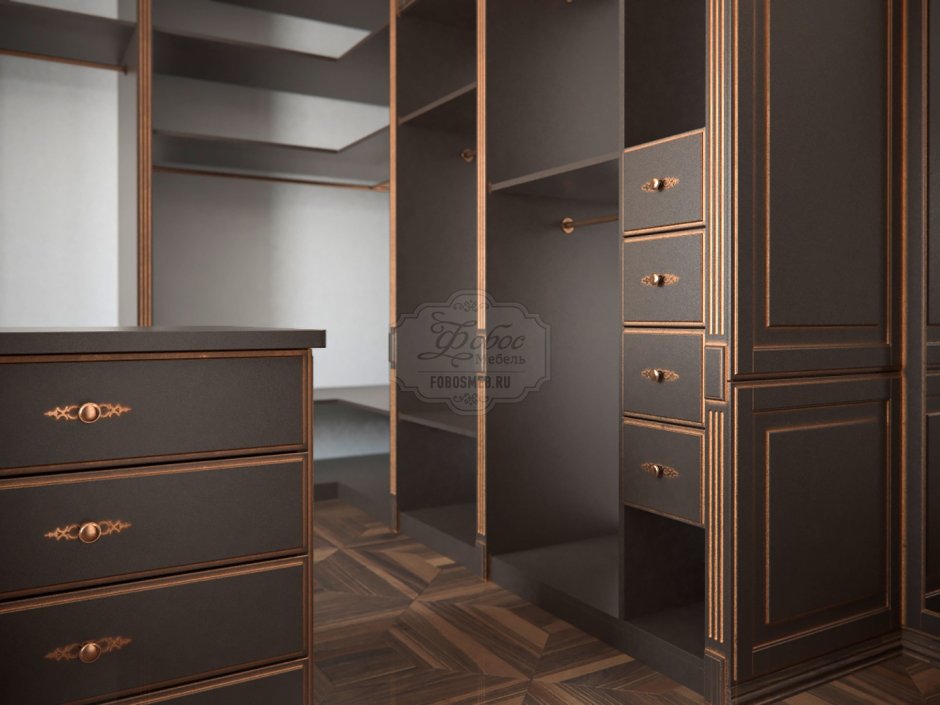 Серый шкаф с золотыми ручками