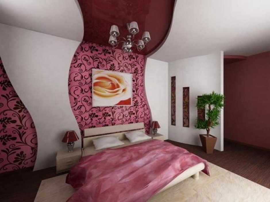 Комбинирование жидких обоев в спальне