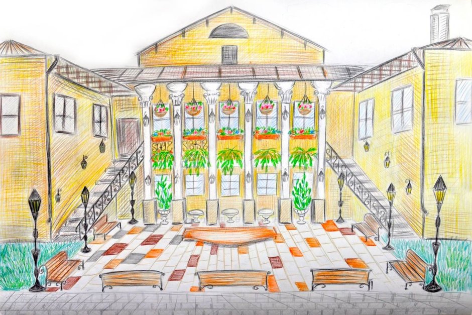 Школьный двор рисунок