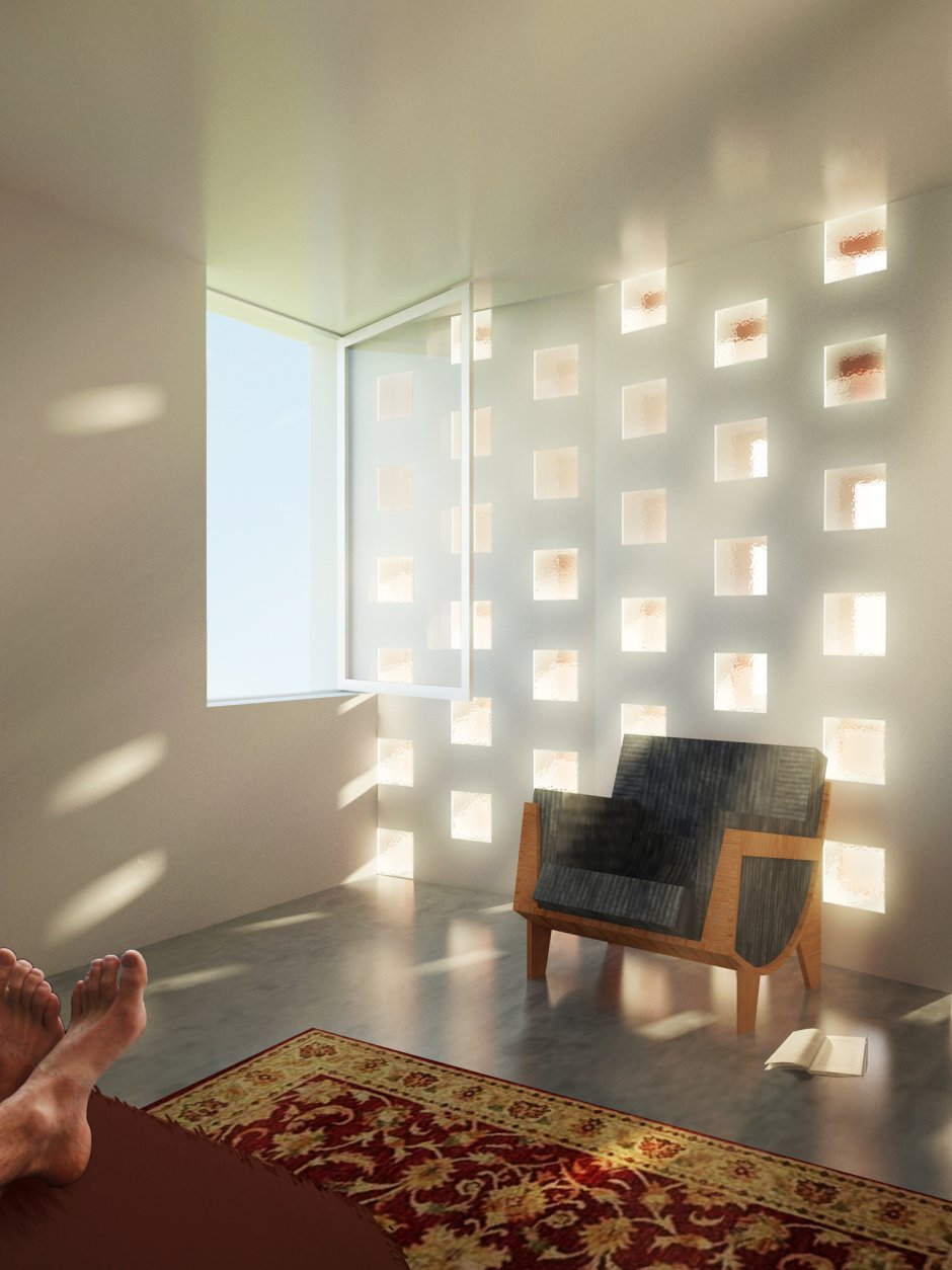 Стеклоблоки в интерьере гостиной