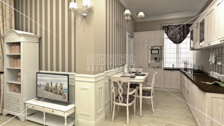 Обои в полоску на кухне