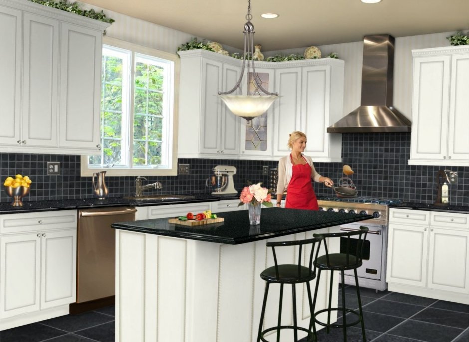 Черно белая плитка на кухне