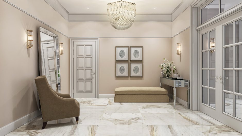 Интерьер прихожей с белыми дверями