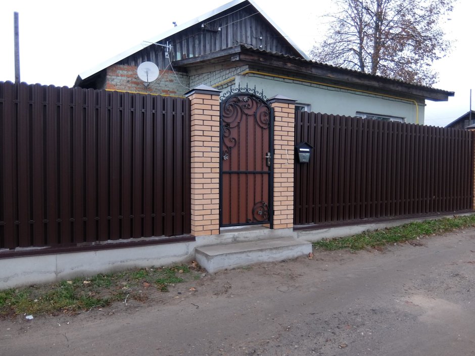 Забор из евроштакетника с коваными воротами