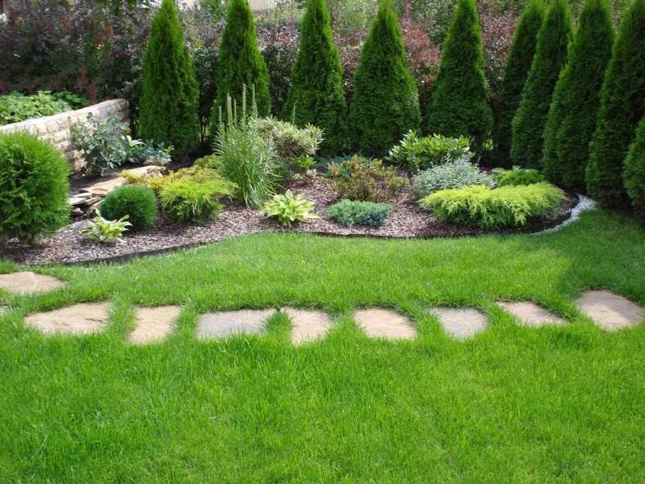 Клумба рододендрон можжевельник