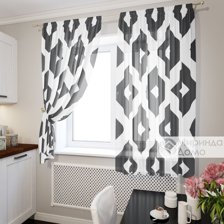 Шторы на кухню бело черные
